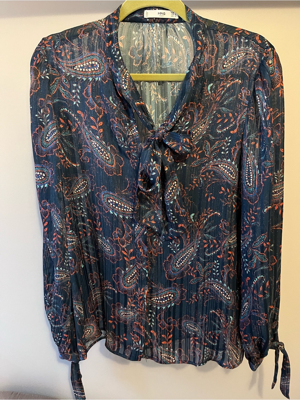 Mango Navy Paisley Tie-Neck Blouse with Coral Accents EUC